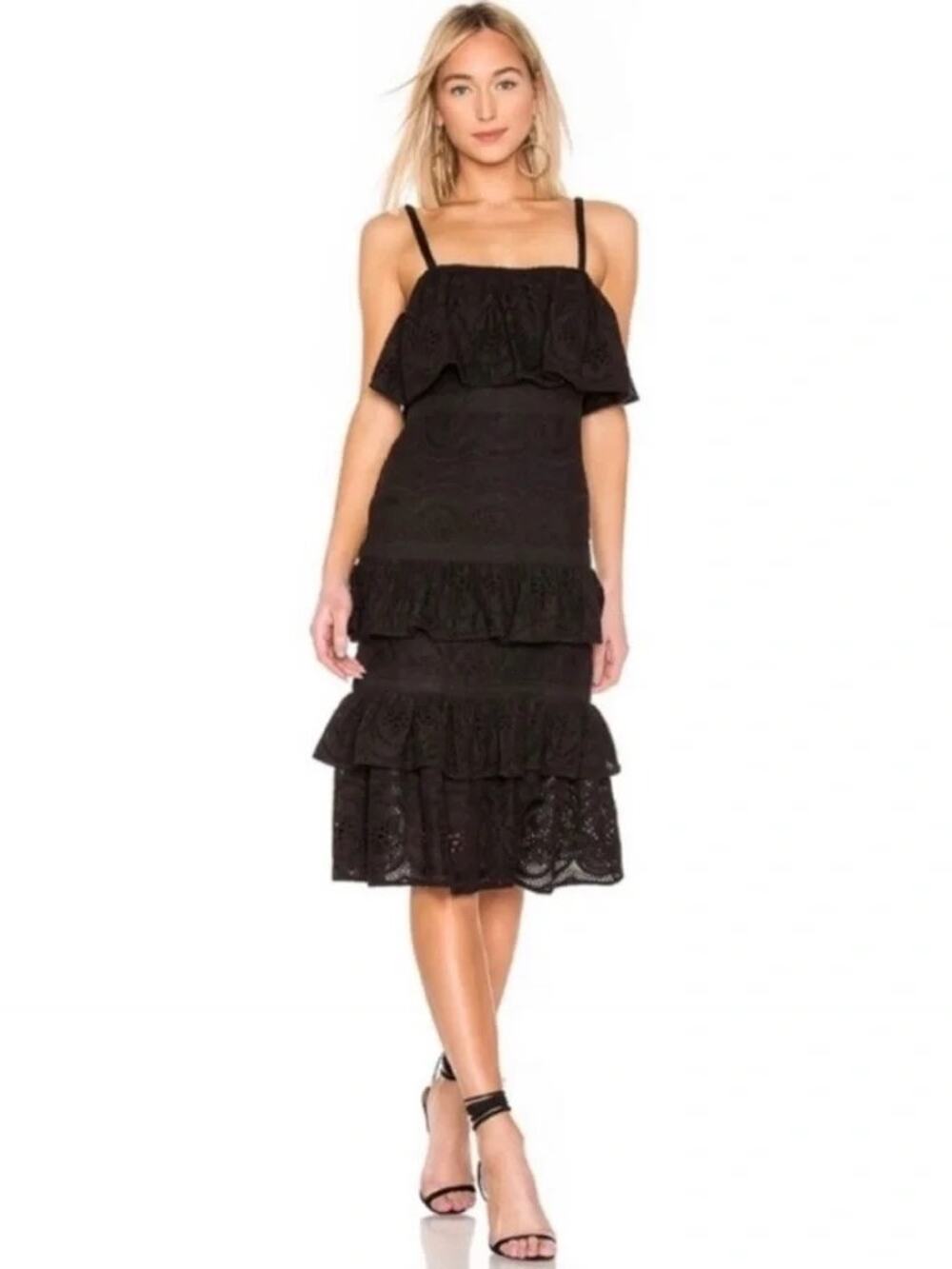 Lovers + Friends Hailey Black Cotton Eyelet Tiered Midi Dress Sorority M NWT
